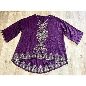 Soft Surroundings Shirt Women's 1X Idaira Purple Embroidered Tunic Blouse